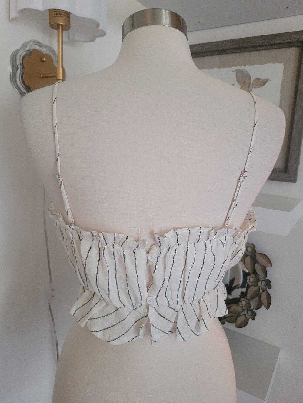 The Impeccable Pig Women's Linen Striped Cropped Camisole Top - White/Black - Picture 5 of 10